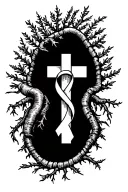 cross with roots and colon cancer ribbon  tattoo design idea