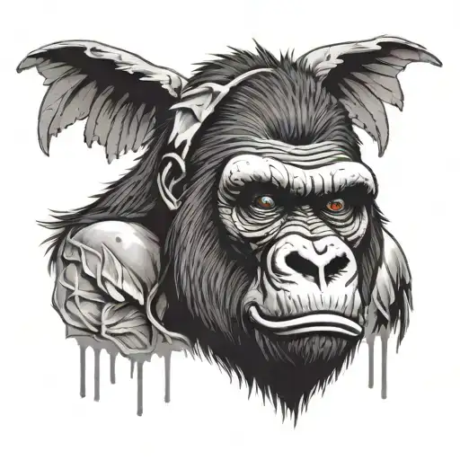 a gorilla head with bandages on head the gorillas headripped from the body and bleeding and has wings in behind it and a tattoo design idea