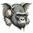 a gorilla head with bandages on head the gorillas headripped from the body and bleeding and has wings in behind it and a tattoo design idea