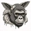 a gorilla head with bandages on head the gorillas headripped from the body and bleeding and has wings in behind it and a tattoo design idea