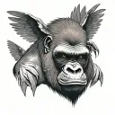 a gorilla head with bandages on head the gorillas headripped from the body and bleeding and has wings in behind it and a tattoo design idea