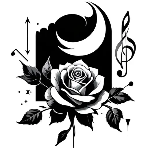 Generate a minimal, tattoo design that has a moon, a rosebud, a music clef and well hidden arrow in the entire tatoo tattoo design idea