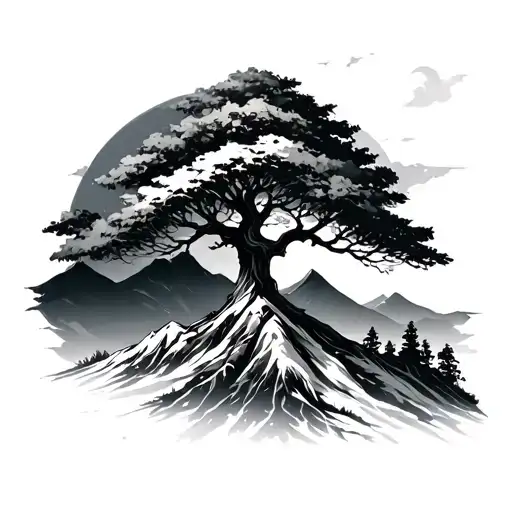 You are a resilient dreamer shaped by loss, rooted in strength, and driven by growth. Like a tree rising through mountai tattoo design idea