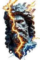 Zeus with lightning bolt make lightning blue and white tattoo design idea