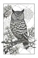 Constelation with galaxy, owl, tree, word traveling, freedom tattoo design idea
