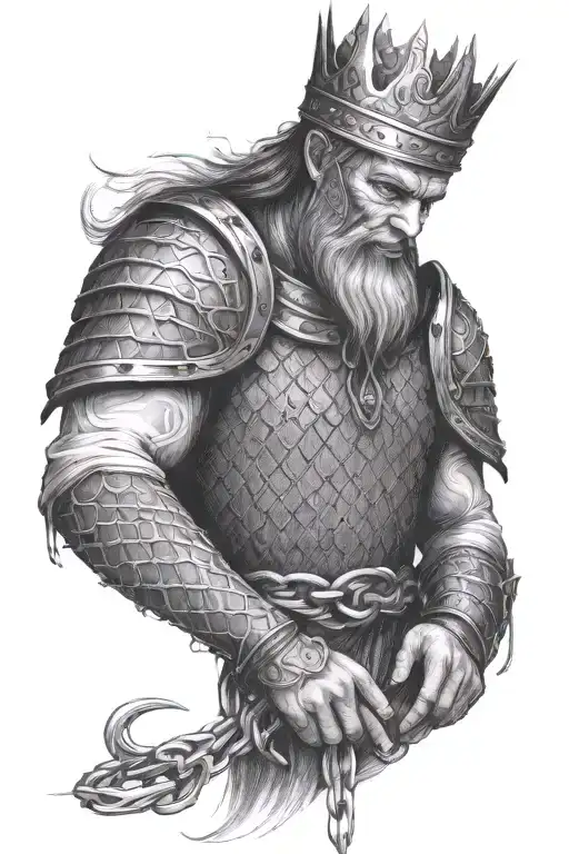 king in chain mail, with a sad face tattoo design idea