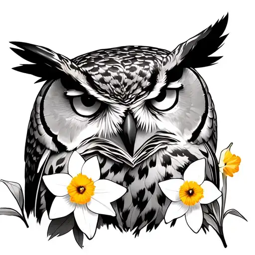 great horned owl with daffodils and narciis tattoo design idea