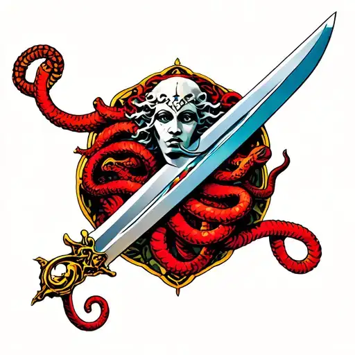 Sicilian sword with the Medusa head in the gem and snakes wrapping around the dwarf in red  tattoo design idea
