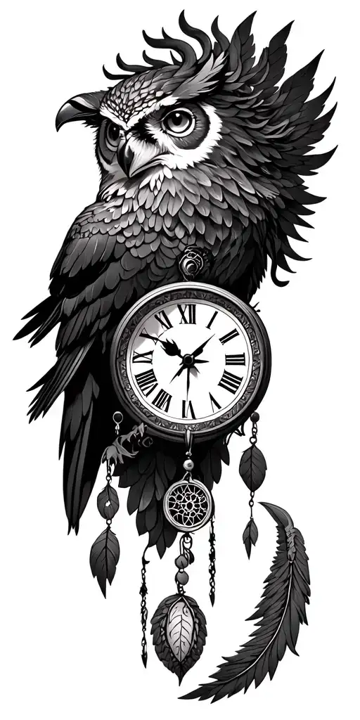 clock, Medusa, owl, crow, wolf, eagle, dream catcher, tattoo design idea