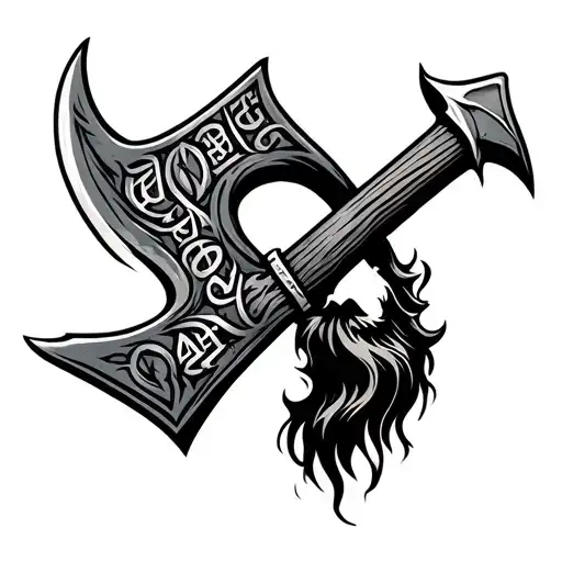 Above it, a Viking axe engraved with runes, symbolizing strength. A long beard flows downward, merging into a downward-p tattoo design idea