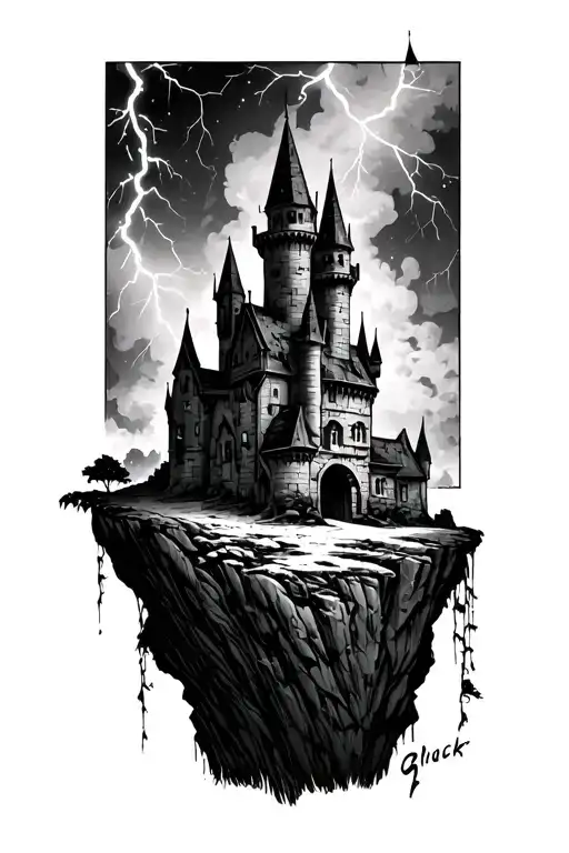 An Edgy Midevil Castle on a cliff in a lightning storm in the style of black metal album covers tattoo design idea