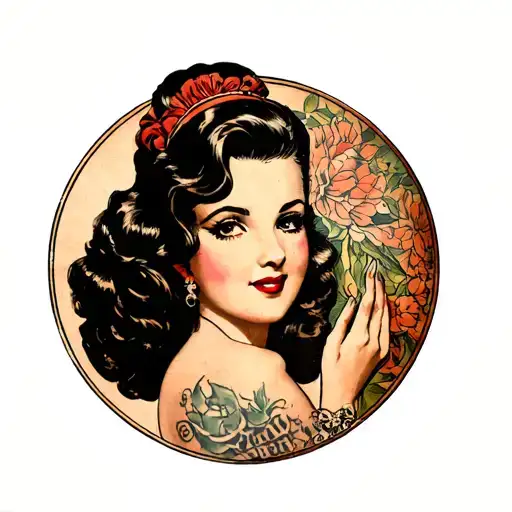 saint barbara 1940s-1950s pin up girl holding 155mm round in front of her chest toplees tattoo design idea