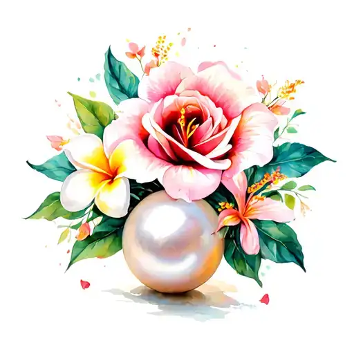 Pearl with Roses, Plumerias and Hibiscus flowers surrounding tattoo design idea