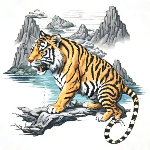 chinese rat guarding a tiger with a horse with water and mountains in background  tattoo design idea