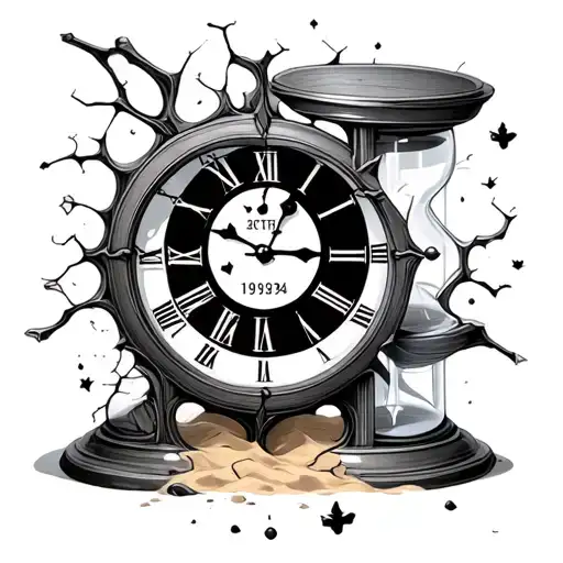 Broken hour glass clock with December 25th 1993 as main with 2/2/12, 4/4/13, 10/27/14, 2/2/16 around it with sand tattoo design idea