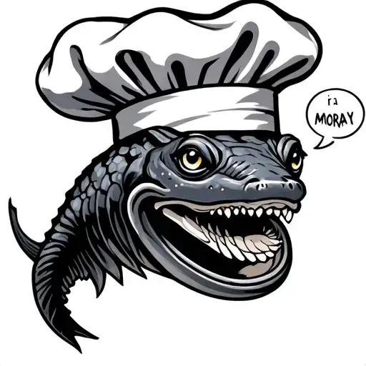 eel wearing a chefs hat with a chat bubble saying its a moray tattoo design idea