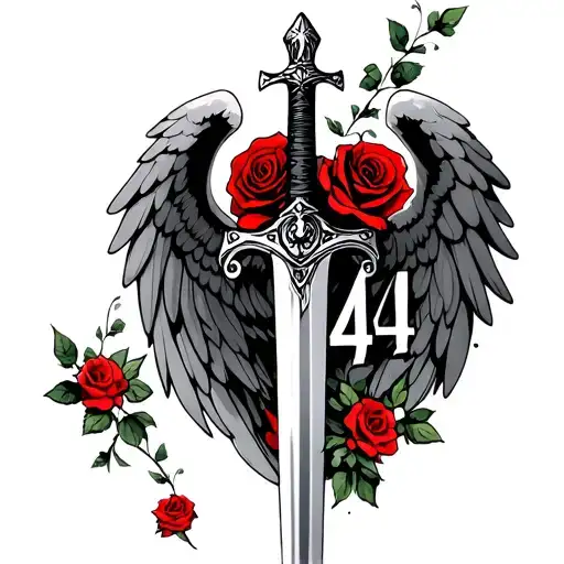 Sword With Angel Wings with red rose and number 444 tattoo design idea