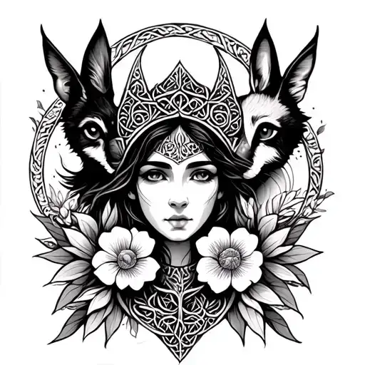 Celtic Goddess, Danu. Surrounded by her associated flowers and animals tattoo design idea