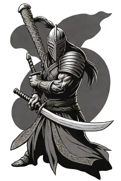 a warrior wielding a katana and a skyrim glass sword. attire inspired by japanese, irish and native american influence tattoo design idea