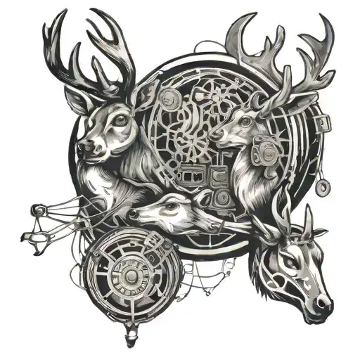 A family of reindeers wrapped in a film reel, with glowing lights illuminating their bond, showcasing the beauty of family love and passion for filming tattoo design idea