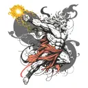 Zeus holds a lightning bolt in his hands and swings it in order to throw tattoo design idea