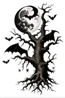 poison tree with roots. include ominous evil shading with bats and spiders and a moon.  tattoo design idea