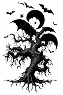 poison tree with roots. include ominous evil shading with bats and spiders and a moon.  tattoo design idea