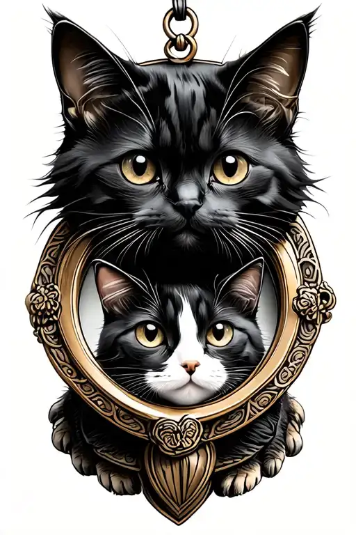 cartoon black cat and tortoise hair cat in locket tattoo design idea