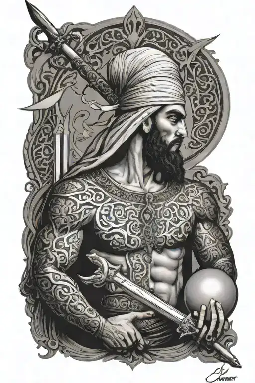 a masculine big akhbari shia tattoo for half sleeve tattoo featuring imam ali sad for hussein and surroinded by swords  tattoo design idea