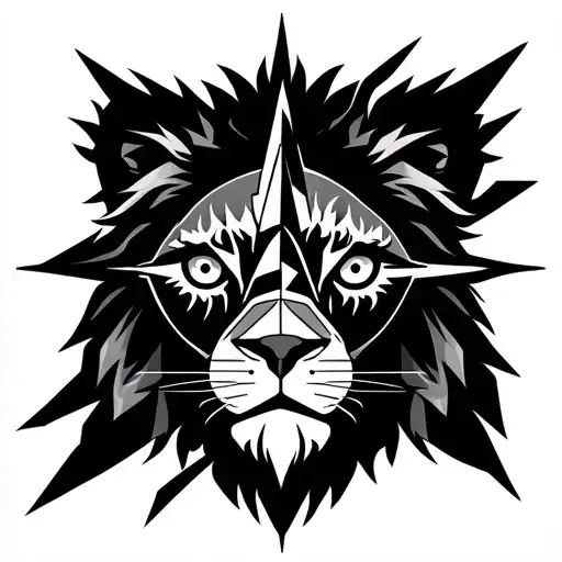 Minimalist black line tattoo of a lion head fused with a compass and fire inside the eyes, in a geometric style, suitabl tattoo design idea