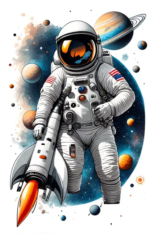 astronaut with a rocket in outer space against the backdrop of many planets tattoo design idea