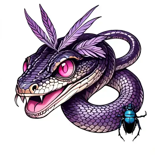  snake, with pink eyes, feathers on the head, some purple and white scales, With a scarab next to it tattoo design idea