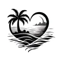 a heart shaped tattoo with a wave the sun and a palm tree tattoo design idea