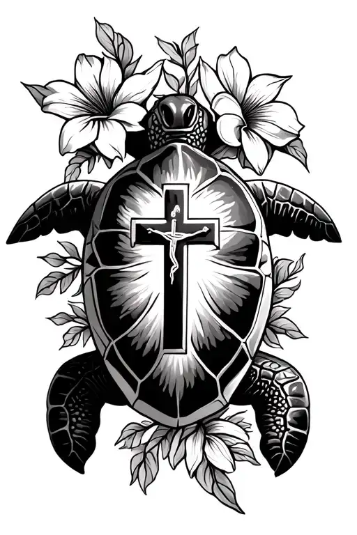 hawaiian turtle with flowers and vines and jesus cross on its shell tattoo design idea