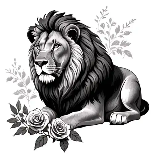 lion sitting with roses and foliage in front of him  tattoo design idea