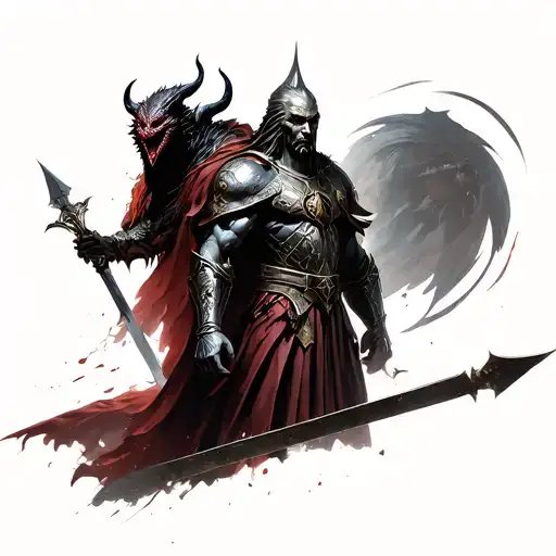 On the left a demon knight, on the right is a righteous warrior, both with a large head, a battlefel in the middle tattoo design idea