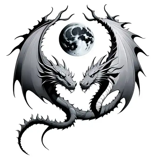 2 dragons facing up toward the moon intertwined tattoo design idea