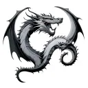 2 dragons facing up toward the moon intertwined tattoo design idea