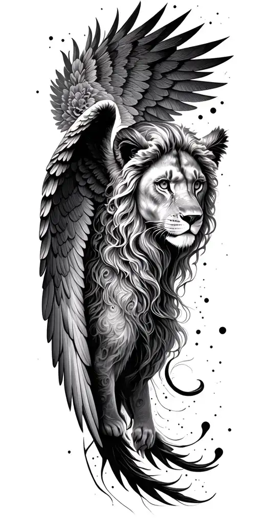 Angel with wings and lion's eye tattoo design idea