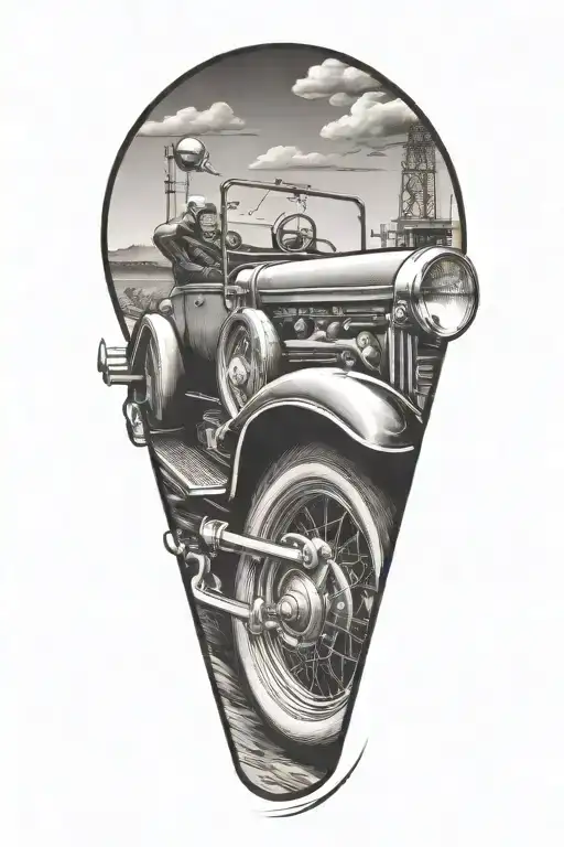 A bold and dynamic tattoo design of a classic car speeding down a country road, with Harley Davidson motorcycles and construction pipes in the background tattoo design idea