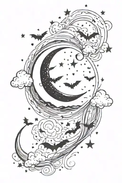 A whimsical, gothic tattoo idea of a cresent moon, stars, clouds, bats tattoo design idea