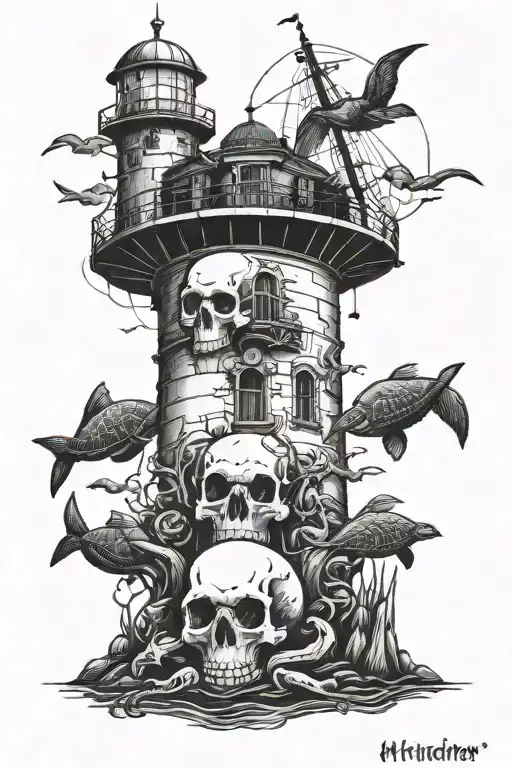 A grim old lighthouse, with skulls, a dark sea turtle tattoo design idea