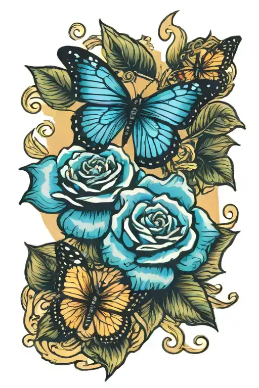 butterflies and money rose tattoo design idea