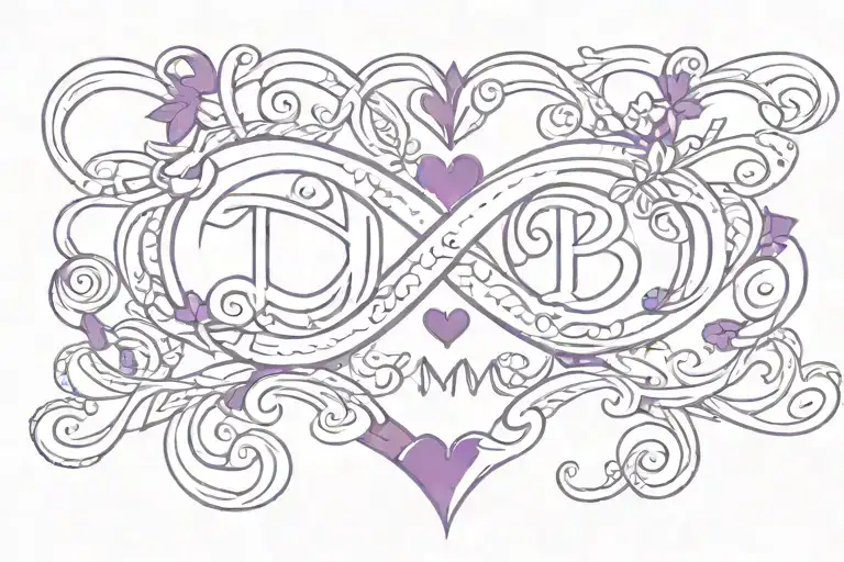 infinity symbol with initials J,M and B separated by purple hearts tattoo design idea
