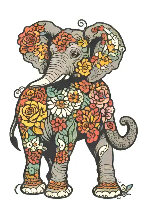 elephant with a trunk up surrounded by vibrant flowers tattoo design idea