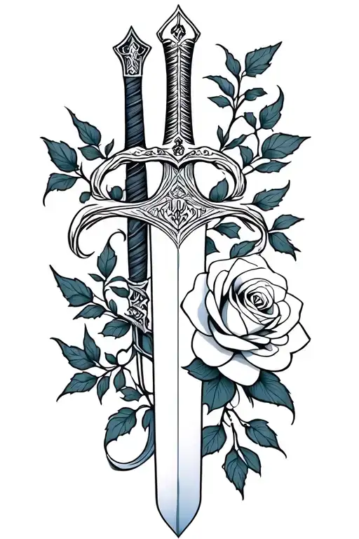 A minimalist design of the Mulan family sword intertwined with a rose from Beauty and the Beast tattoo design idea