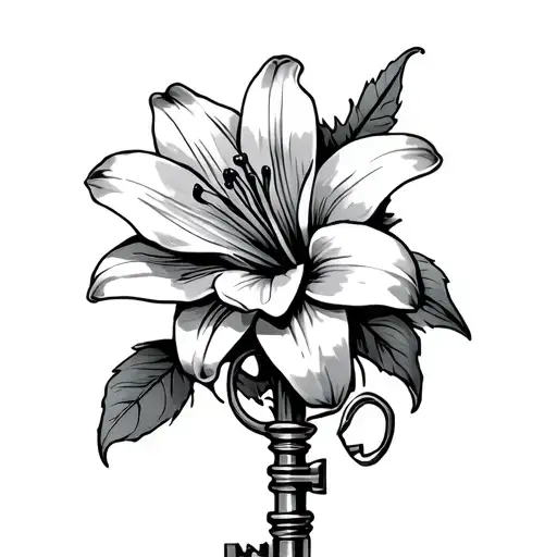 A lily flower going through the key to Davy Jones’s chest from pirates of the Caribbean  tattoo design idea