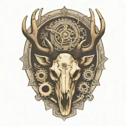 bull elk skull with antlers, tattered MS ribbon wrapped around antlers, mechanical gears tattoo design idea