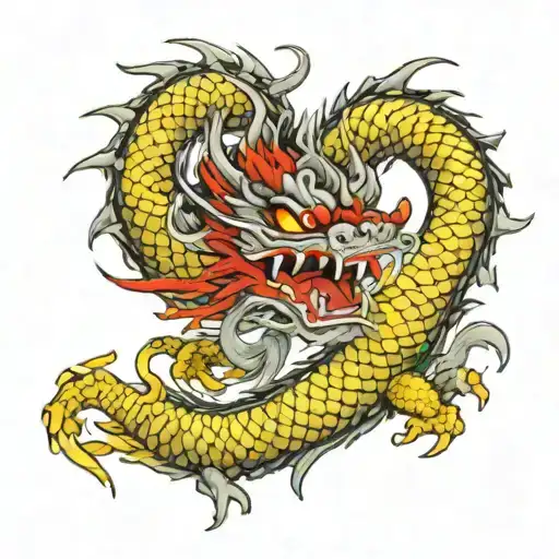 Japanese dragon with grayish/black scales, with a yellow underbody scales, and spikes along the back that are red tattoo design idea