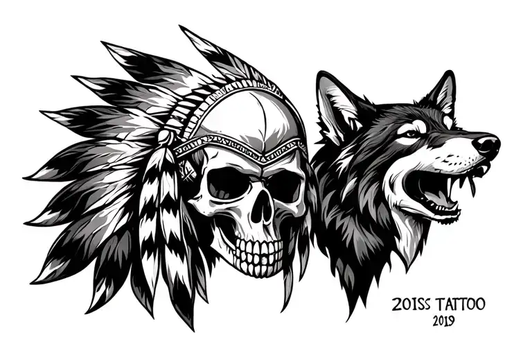 Native American skull to flow with a wolf howling with Roman numerals at the bottom with the date 2019 tattoo design idea